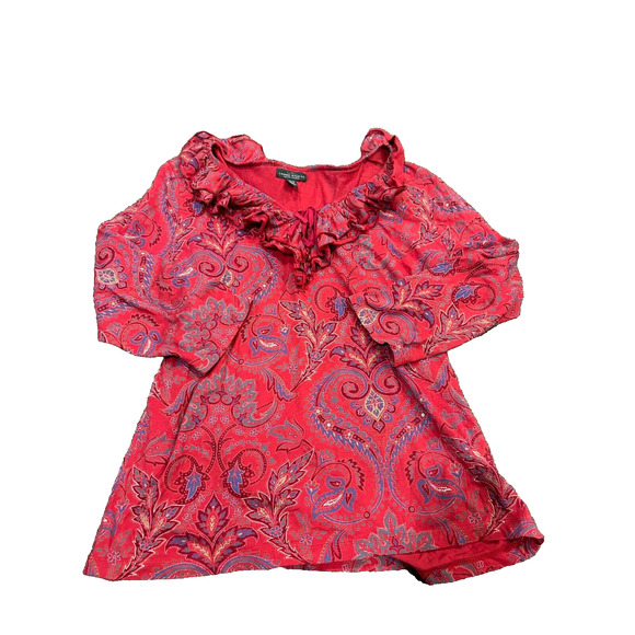 Lauren Ralph Women's 3/4 Sleeve Paisley Ruffled V-Neck Blouse Top in Red Size XL - Picture 2 of 4